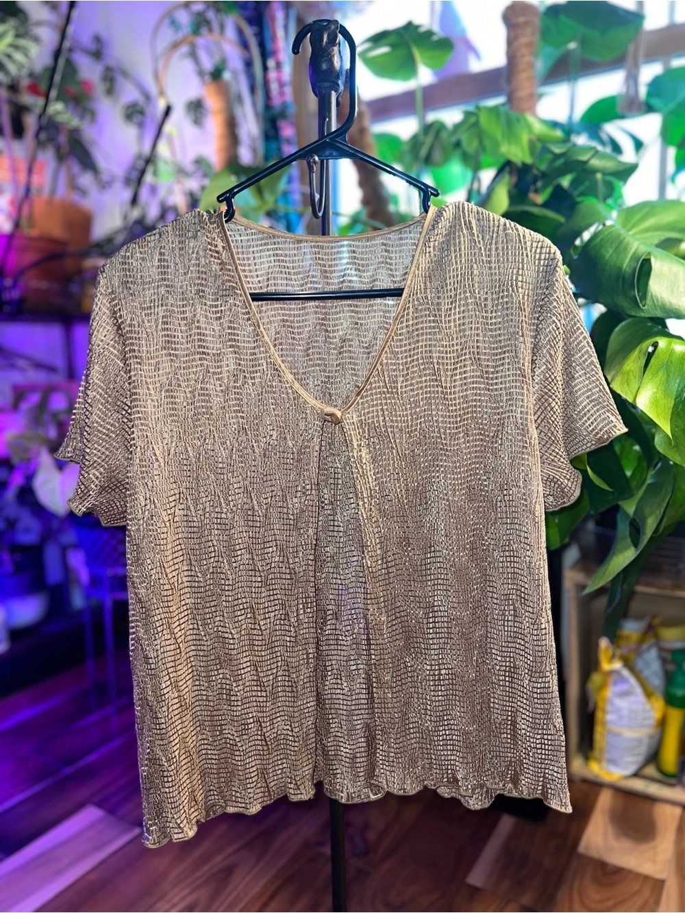 VTG Lightweight Metallic Gold Short-Sleeve V-Neck Top